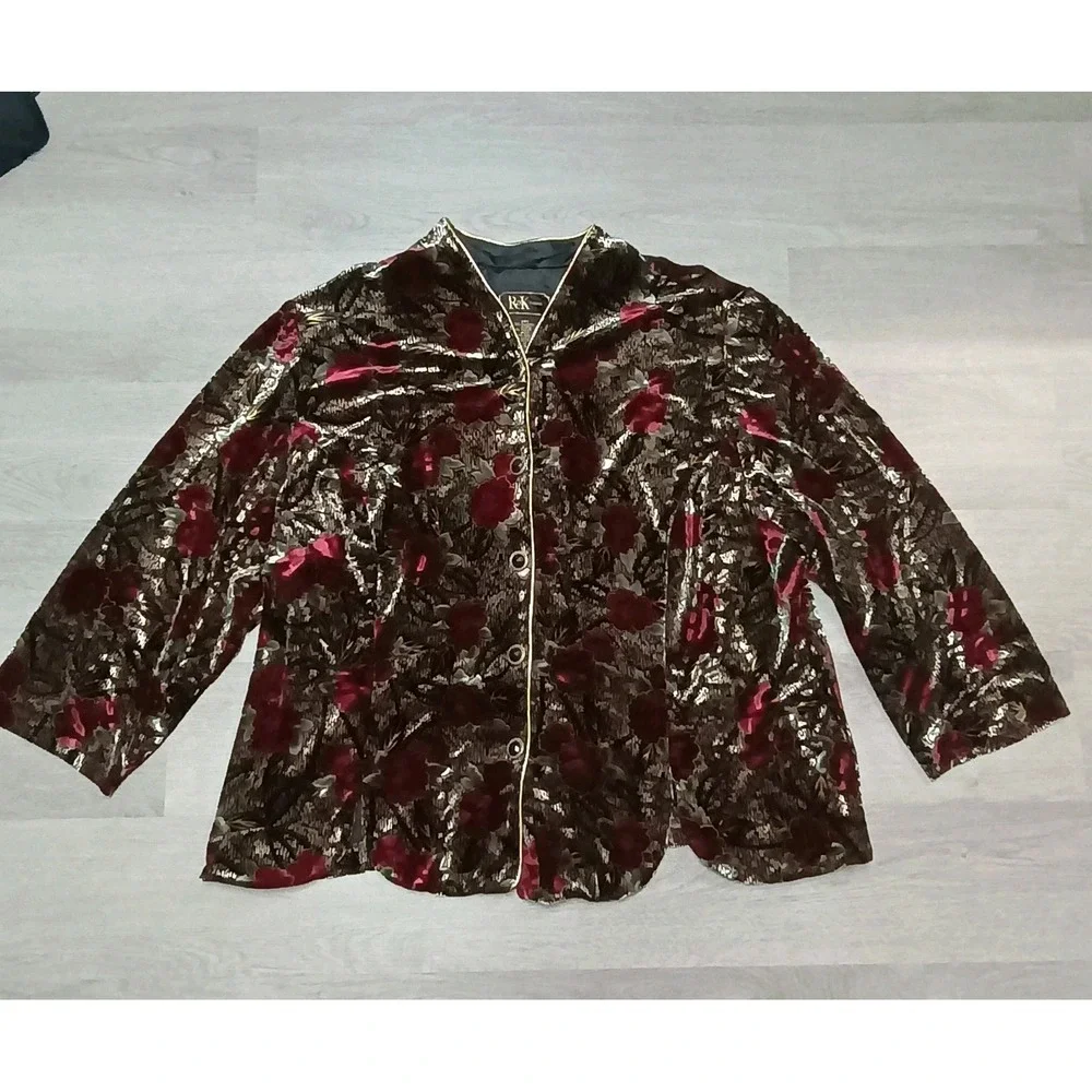 R&K Evening Velvet Floral Black Red Jacket Button Size 24W